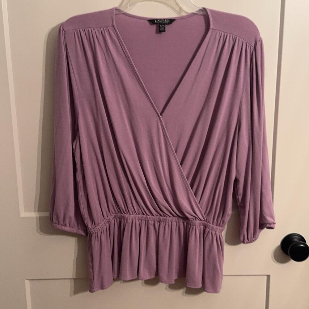Lauren Ralph Lauren Top Womens XL Purple Wrap Peplum 3/4 Sleeve V Neck Blouse